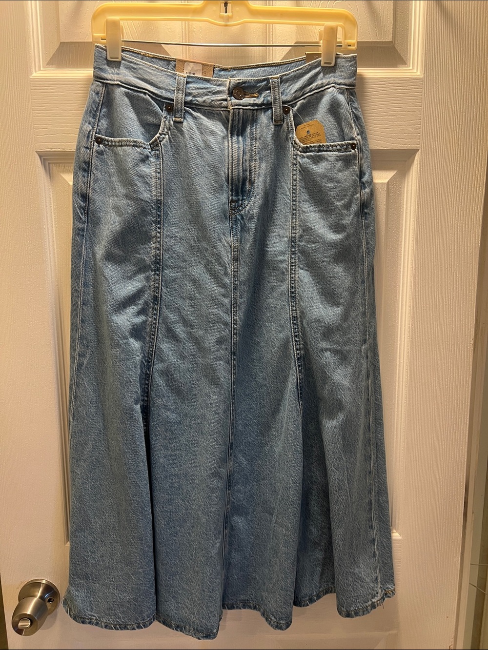 Light Blue Denim Maxi Skirt - Flared Panel Design